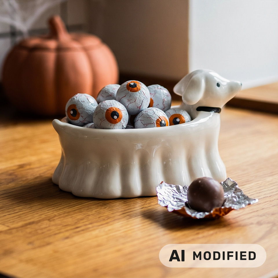 Un bol en forme de chien rempli de bonbons effrayants en forme d’yeux et d’une boule en chocolat.