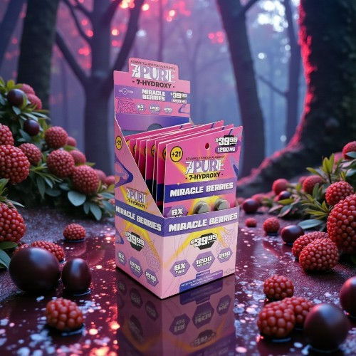 A display box of candy surrounded by fruits in a mystical forest setting.