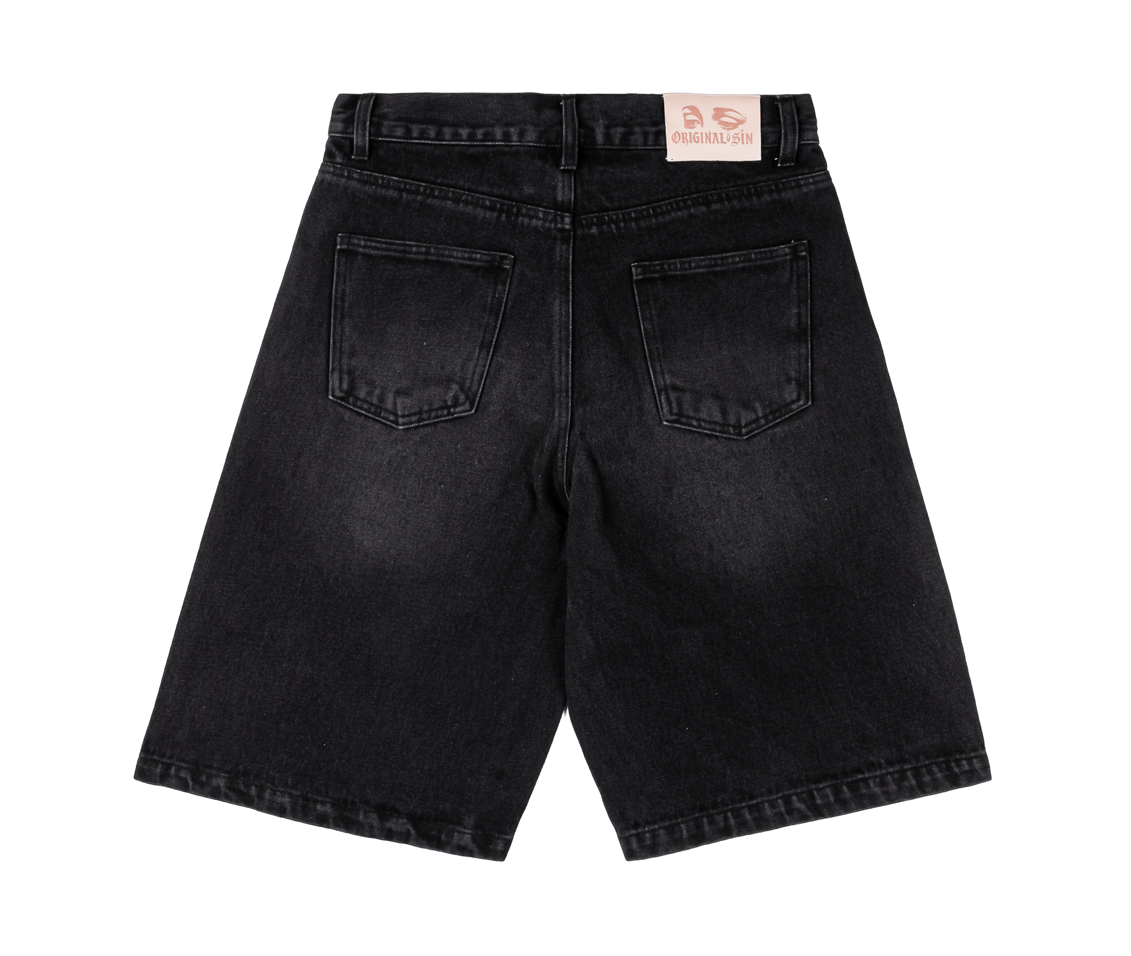 Black denim shorts with cross designs and embroidered text.