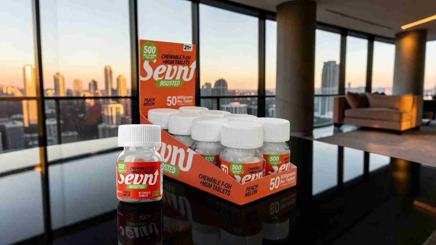 Bottles of health supplement on a table with city skyline in background.