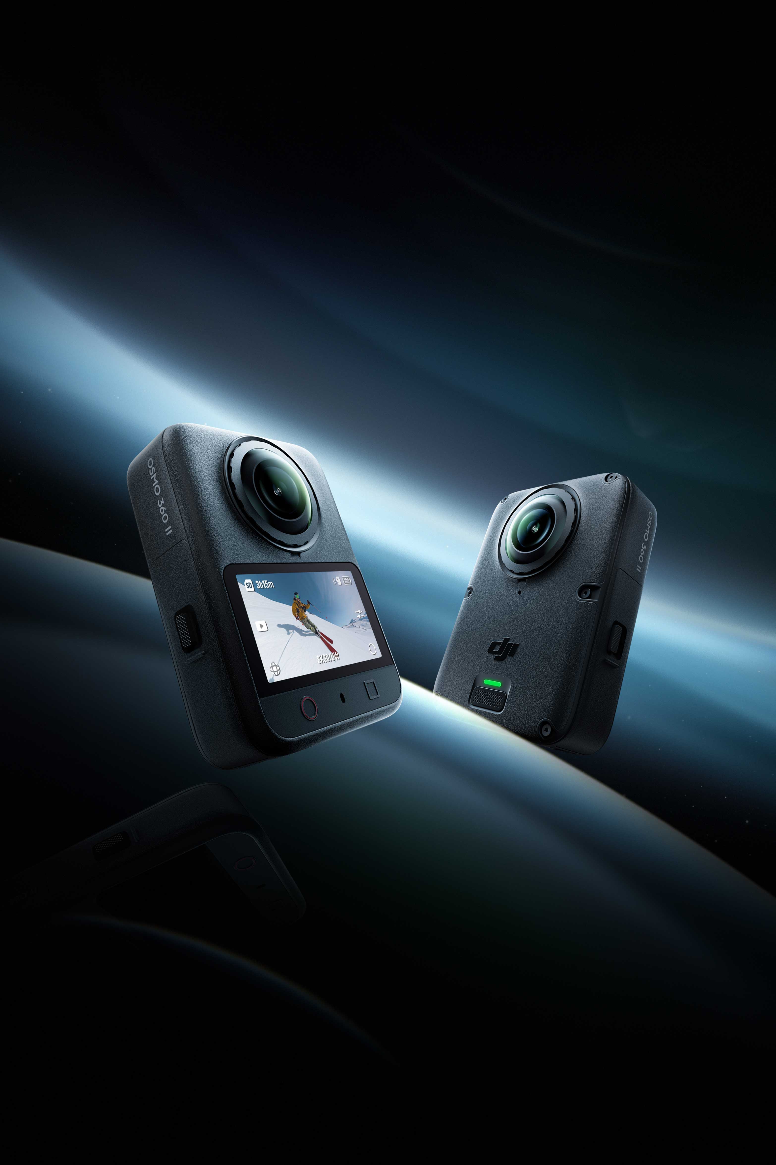 Two DJI Osmo 360 II cameras displayed against a dark, abstract background.