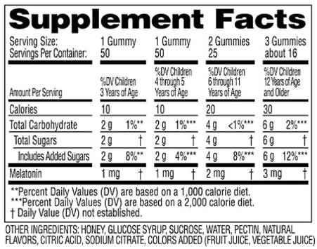 supplement facts for gummy melatonin