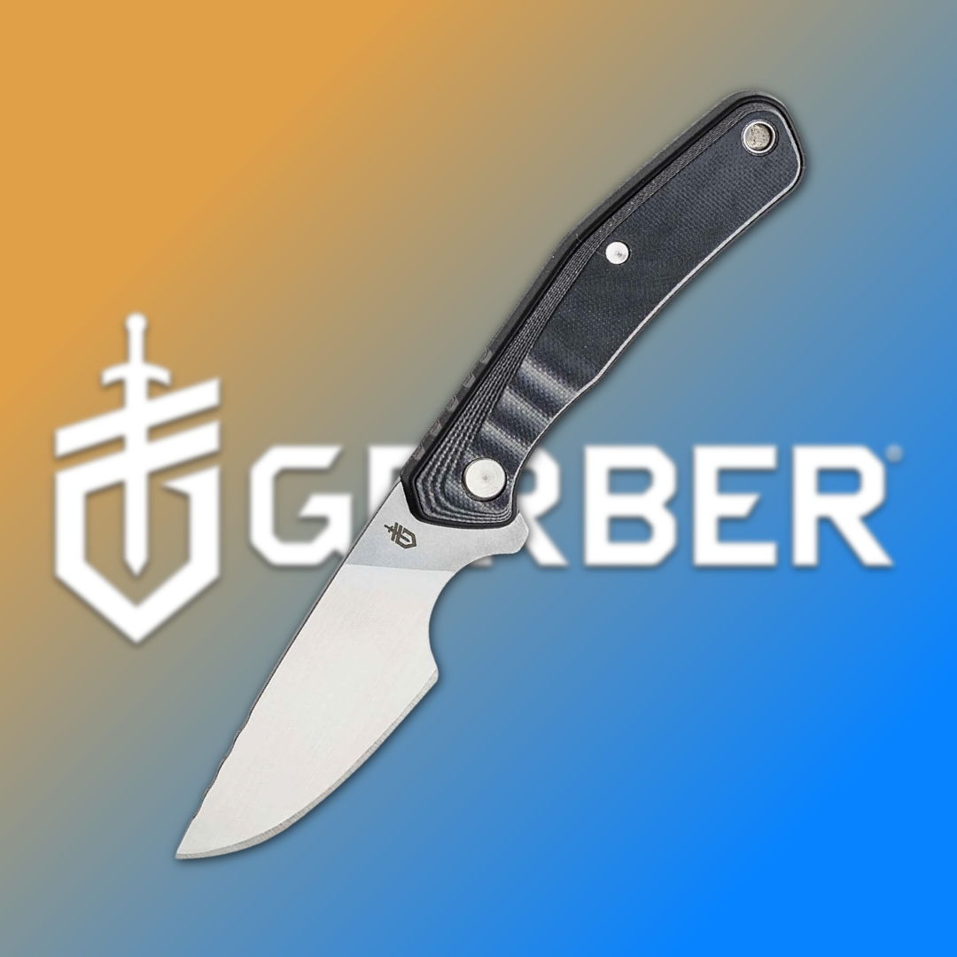 Gerber folding knife on an orange and blue background.