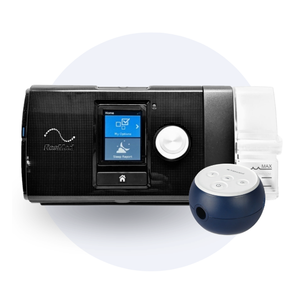 CPAP machine with a touchscreen and connected device.