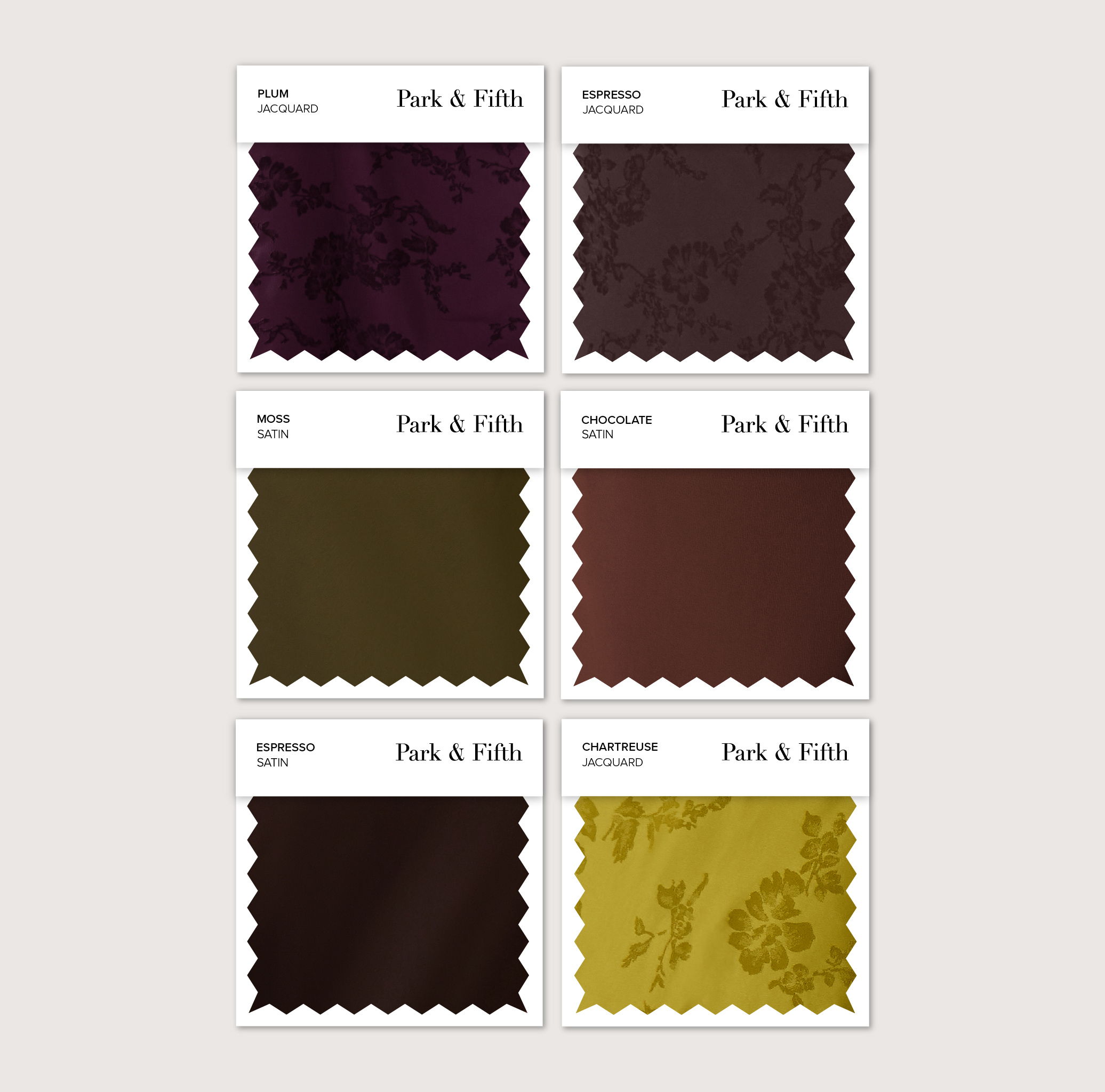 Six fabric swatches in various dark colors with labels.