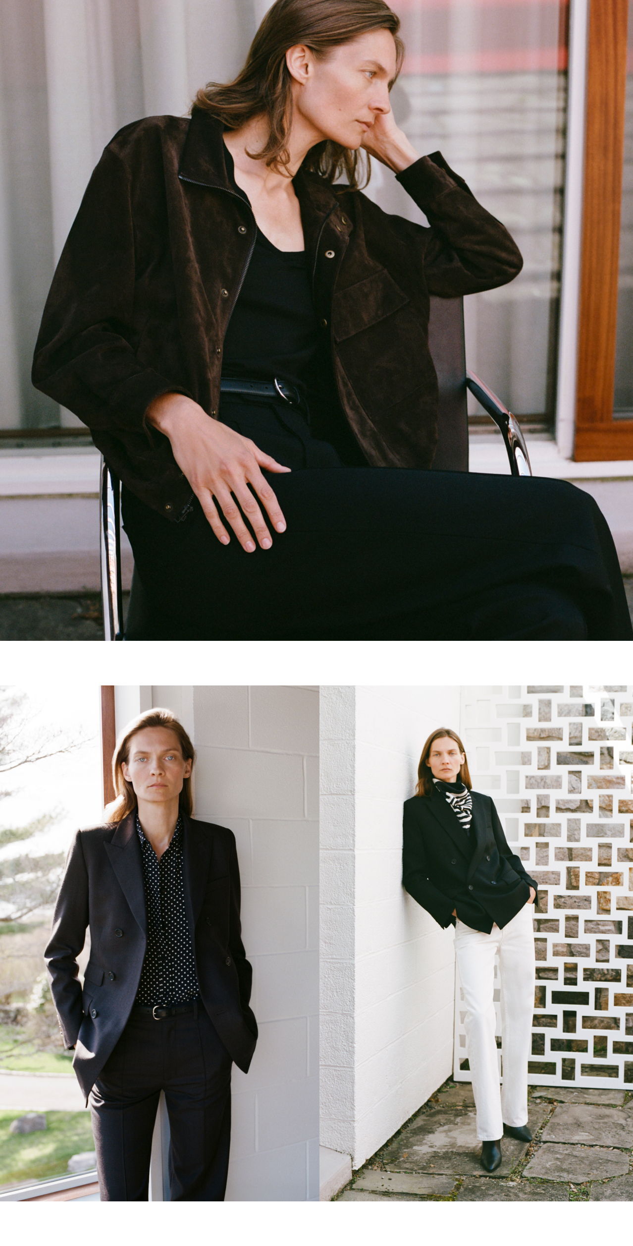 Model in stylish outfits posed indoors and outdoors.