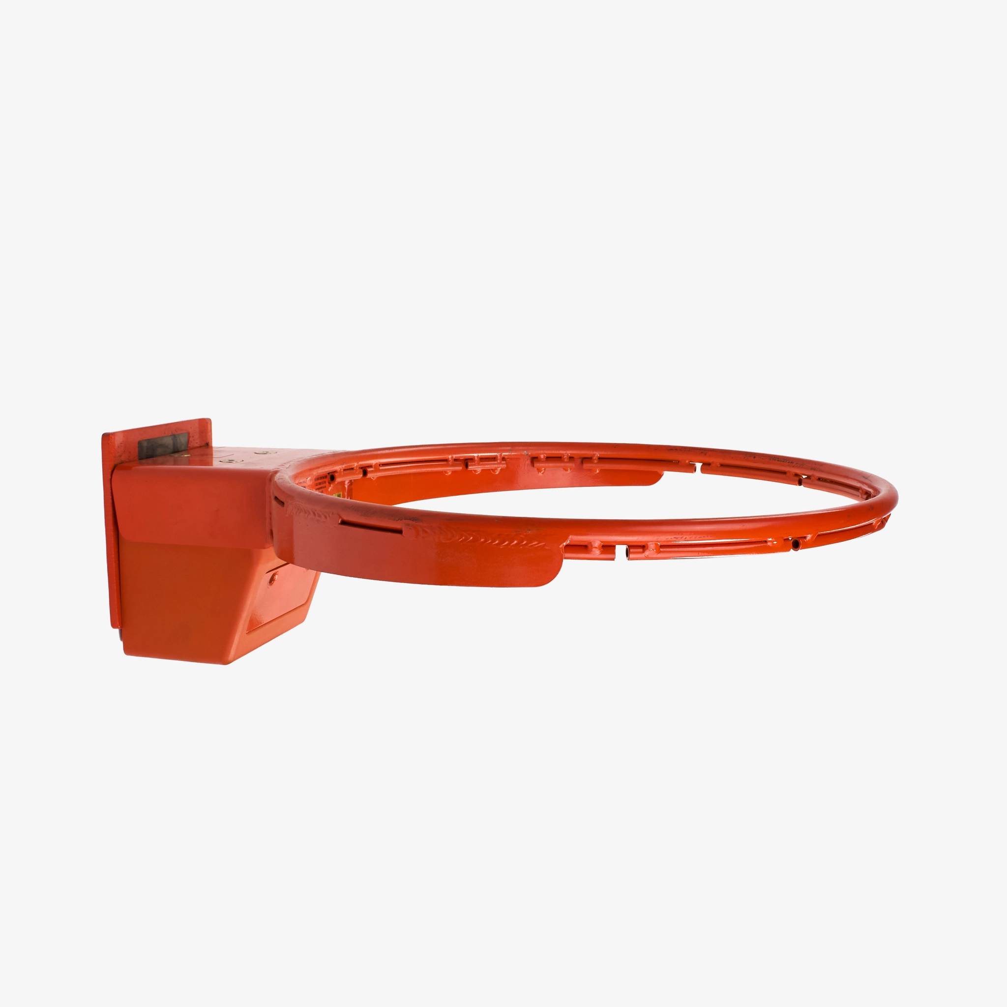 Orange basketball hoop mounted on a wall.