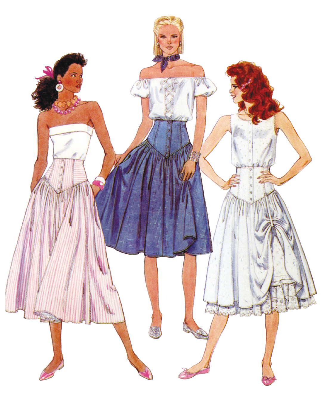 Three female fashion figures in stylish skirts and tops.