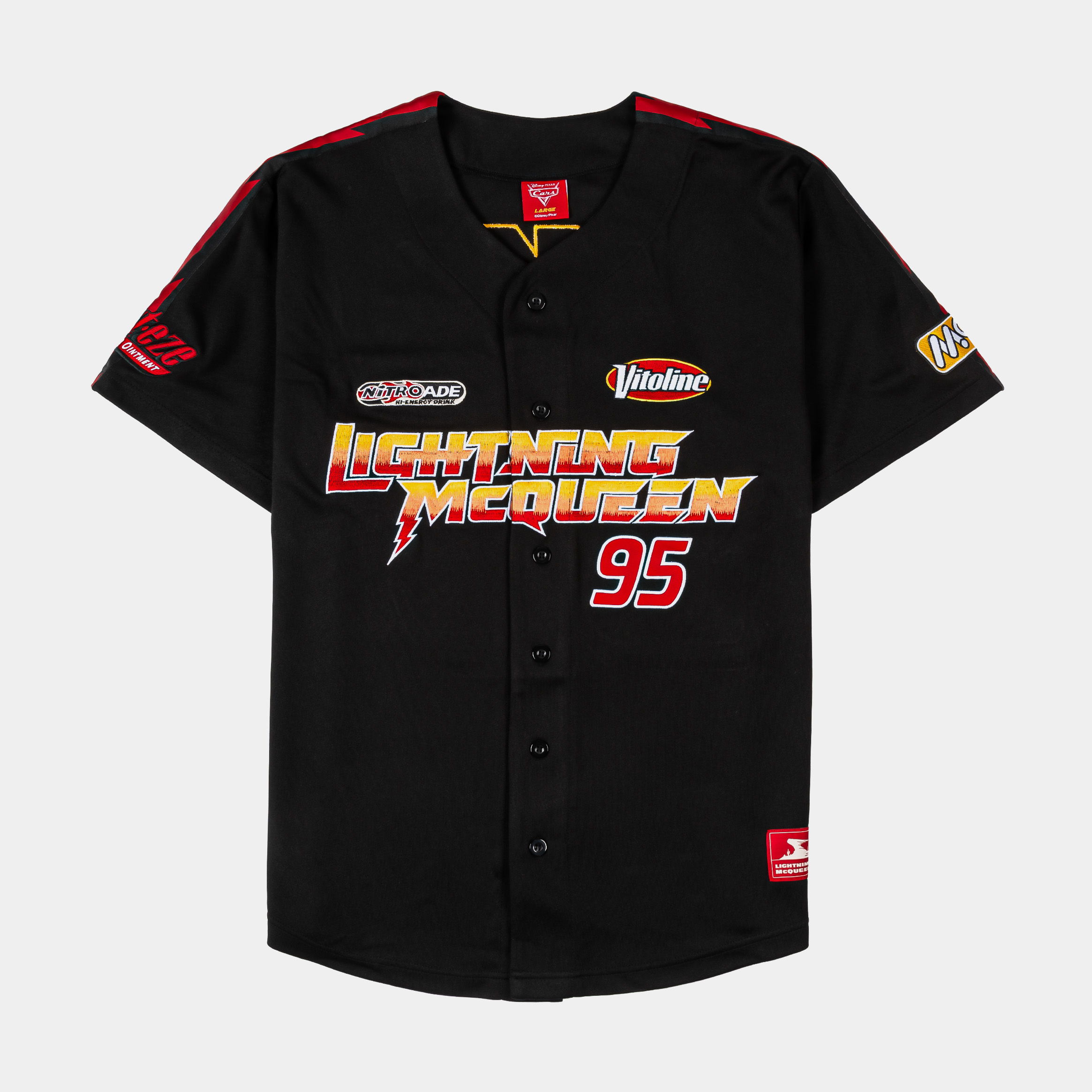 Black baseball jersey featuring colorful graphics and logo.