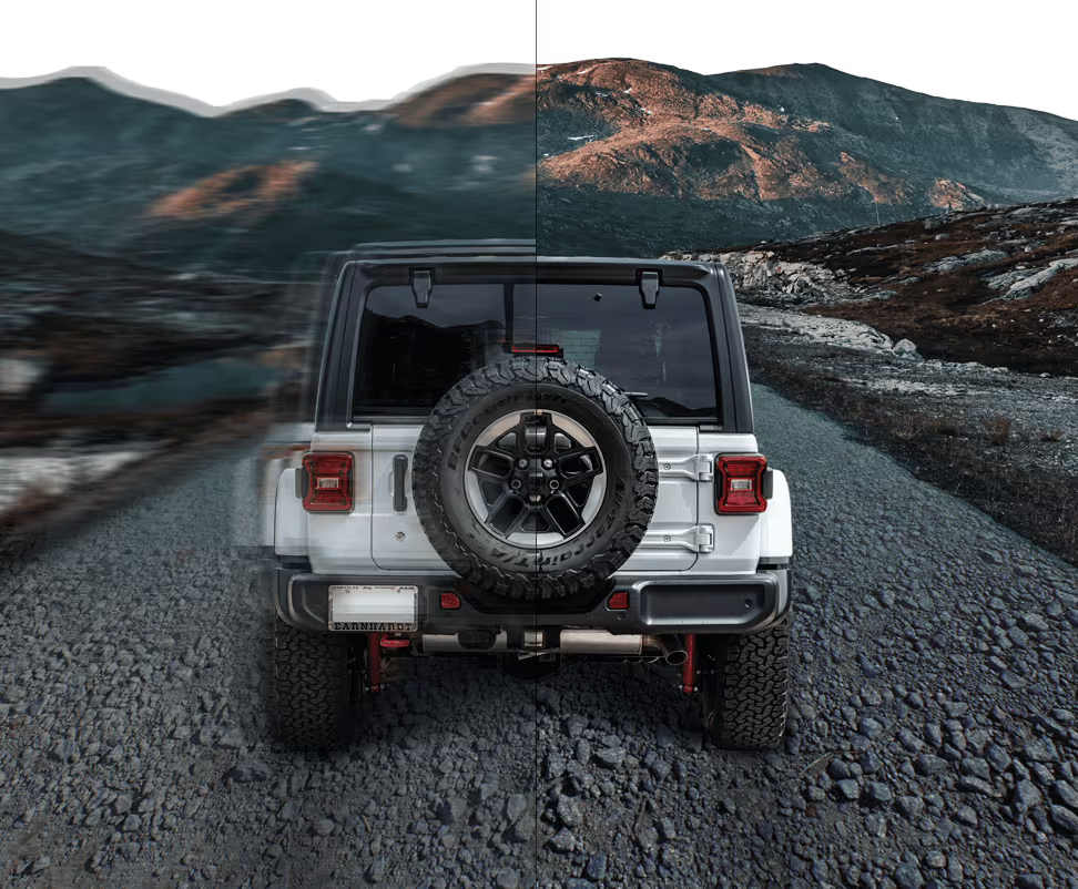Before-and-after image quality comparison behind a vehicle.