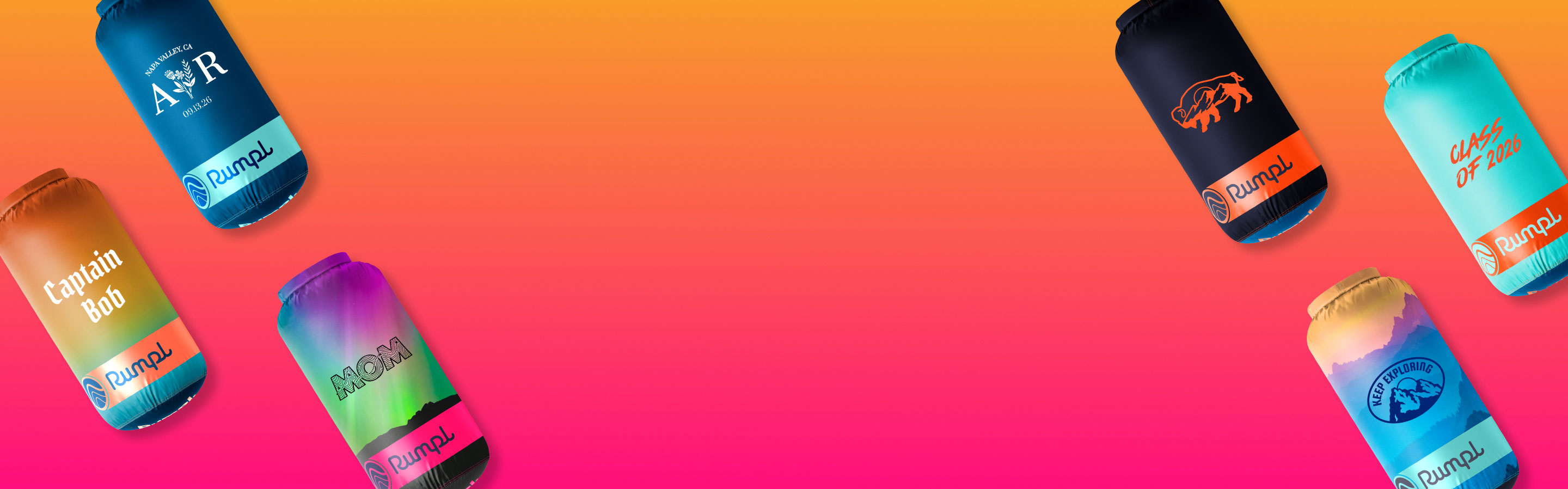 Colorful custom blanket stuff sacks arranged against a gradient background.