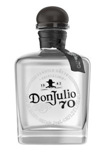 Bottle of Don Julio 70 tequila with black cap and label.