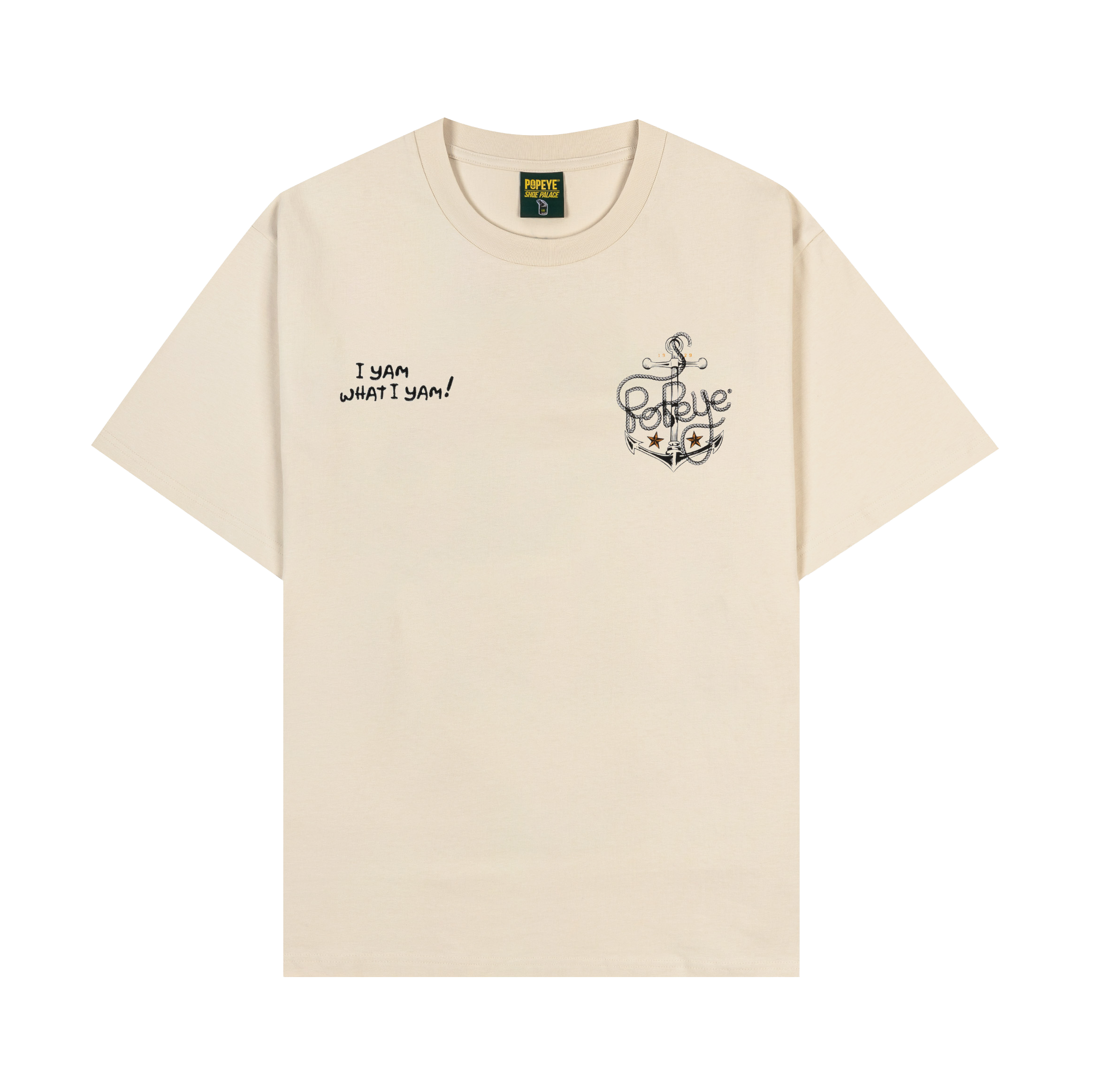 Beige t-shirt with printed graphics and text 