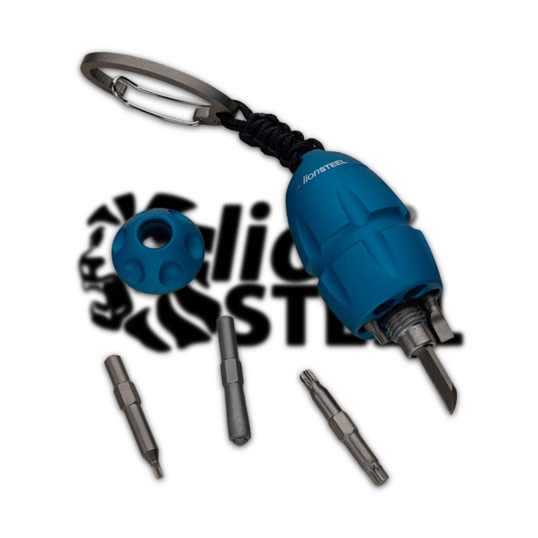 Blue multi-tool with interchangeable bits and a carabiner.