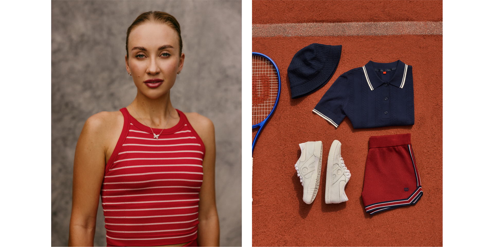 A woman in a striped top beside sports clothing and accessories.