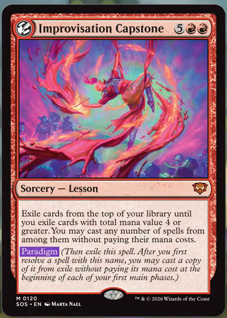 The card Improvisation Capstone which has the Paradigm mechanic from Secrets of Strixhaven.