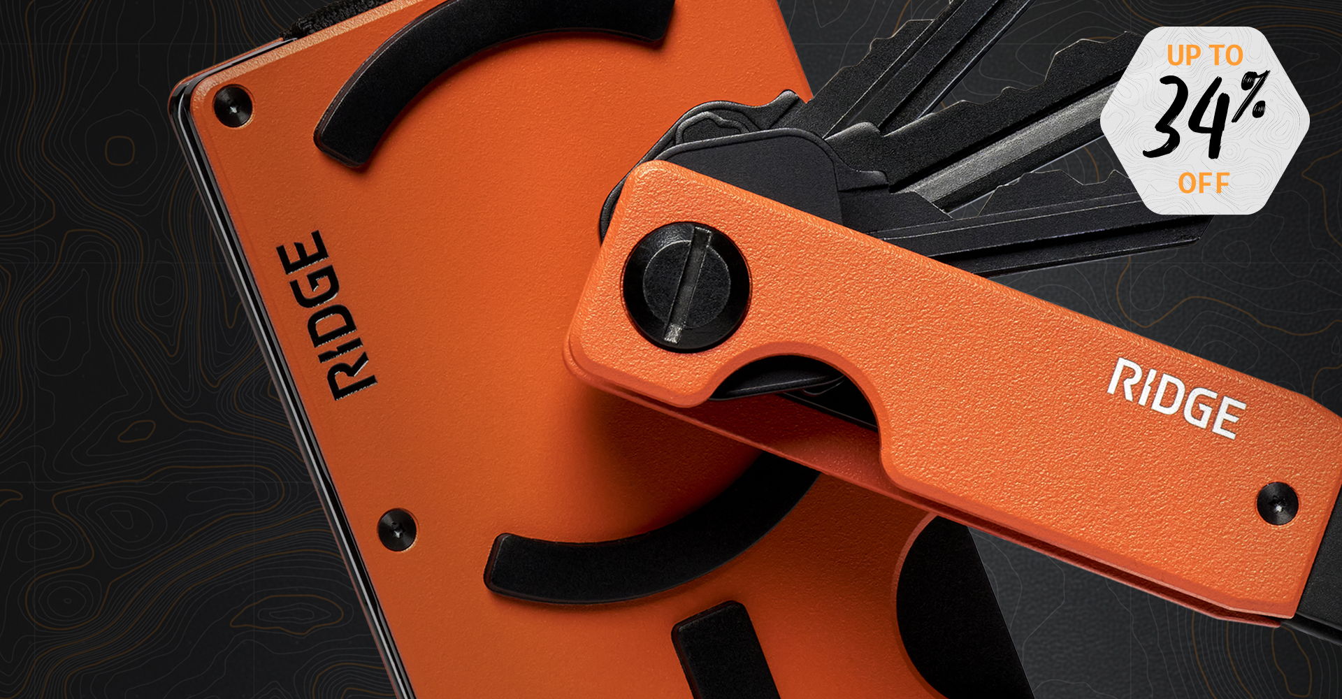 Orange Ridge wallet with a discount tag on a black background.