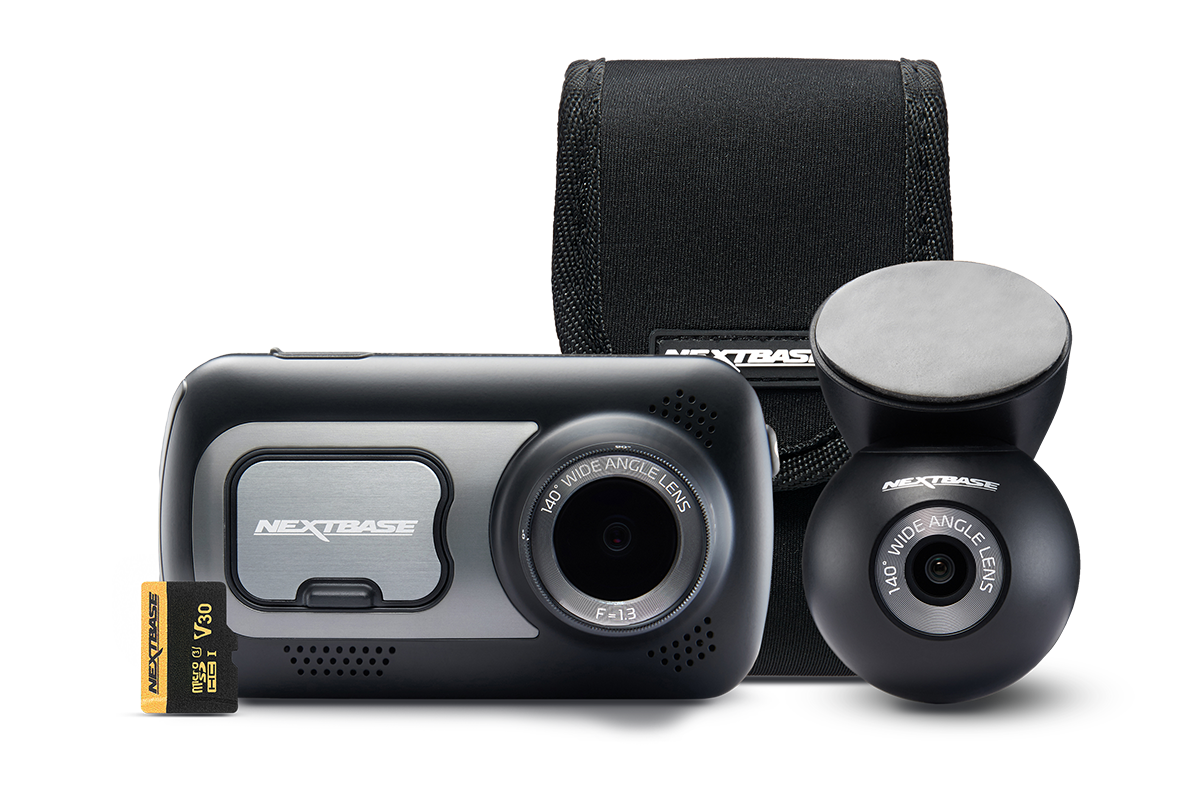 Dashboard camera with an additional lens and protective case.