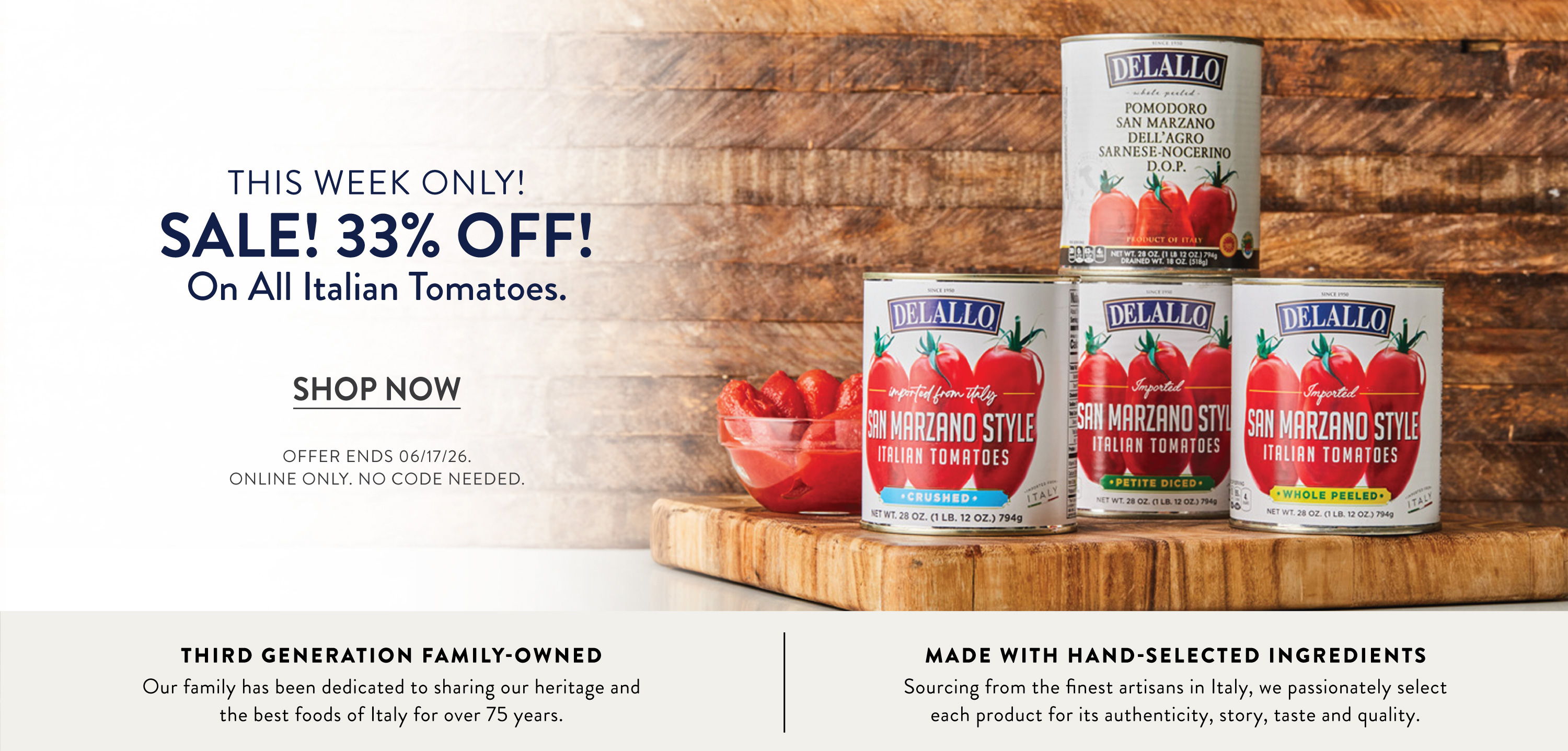 Cans of tomatoes on a wooden surface with a sale announcement.