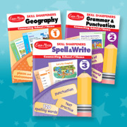 Three workbook covers: Geography, Grammar & Punctuation, Spell & Write.
