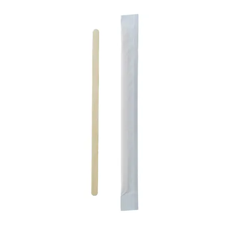 A wooden coffee stirrer with a paper wrapper alongside