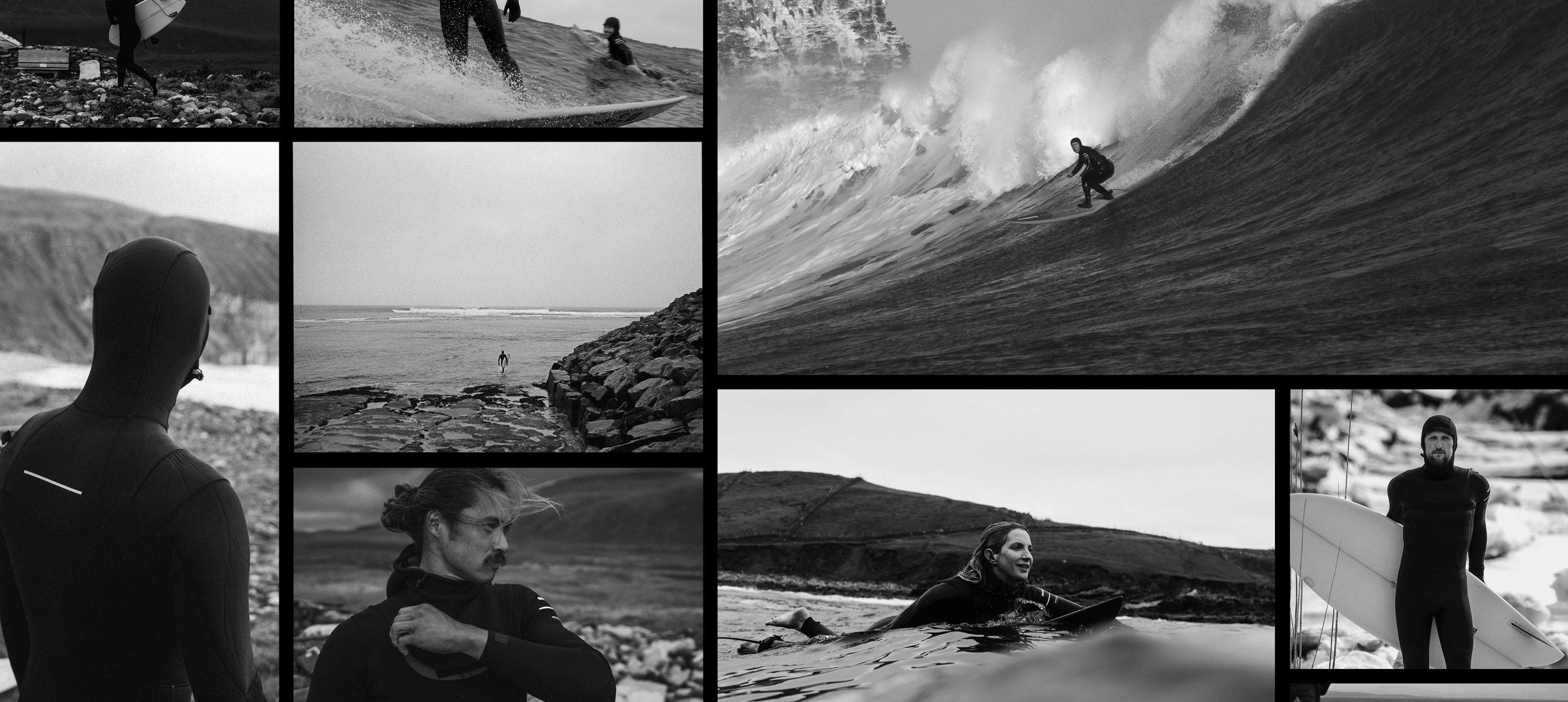 Collage of black and white surfing images and individuals on the beach.