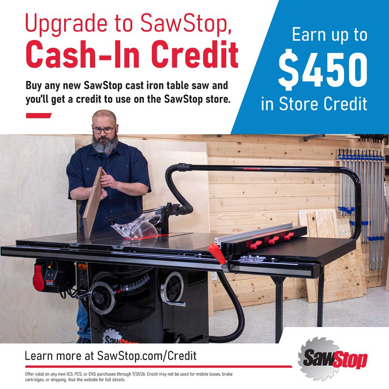 Upgrade to SawStop, earn up to $450 in store credit.