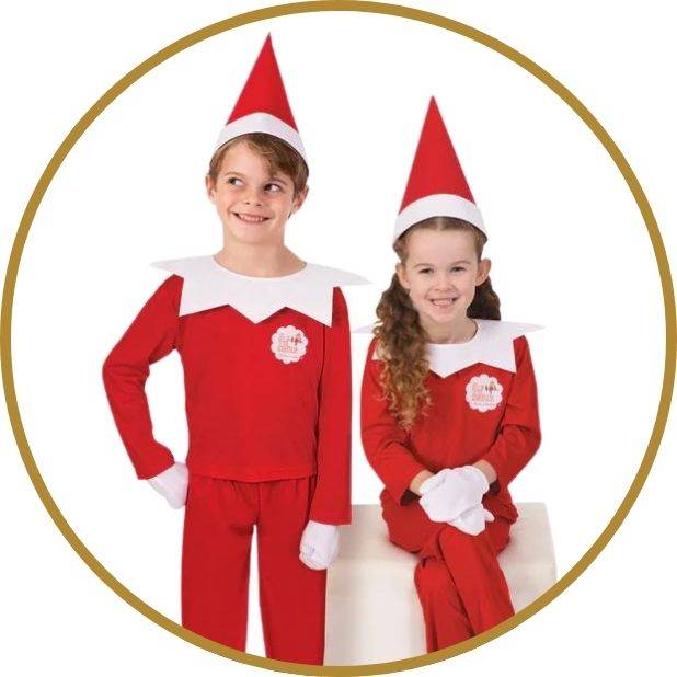 2 Children in Elf Costumes for Elf on a Shelf