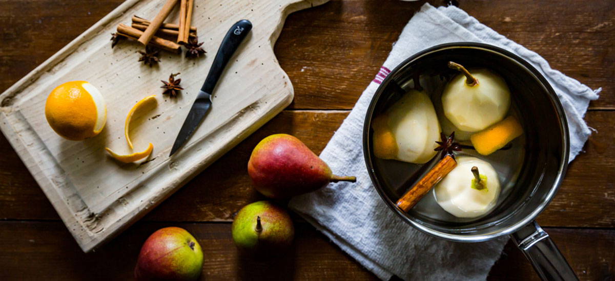 Poached Pears with Bay Salted Caramel