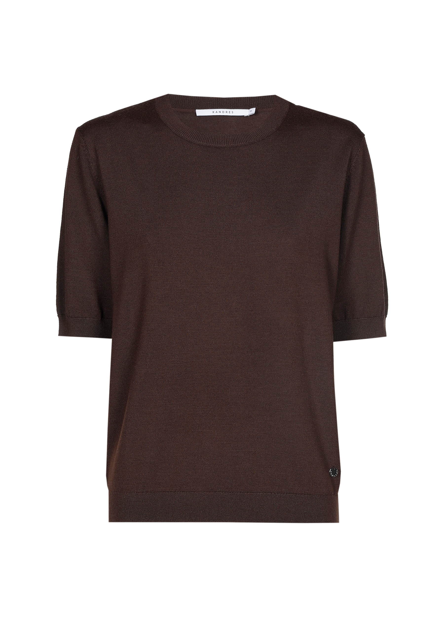 Brown short-sleeve sweater with a round neckline and side slit.