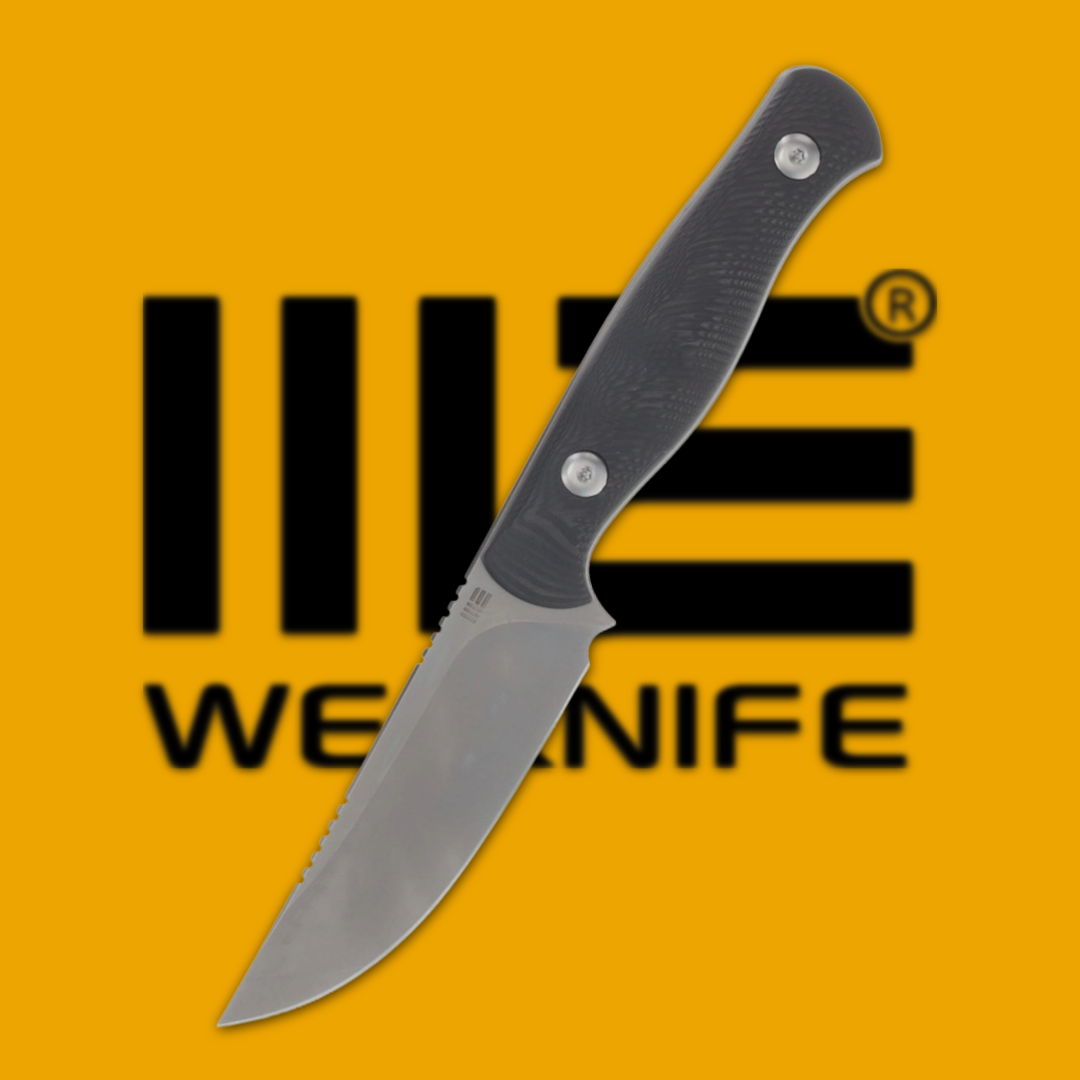 A knife with a black handle on a yellow background.