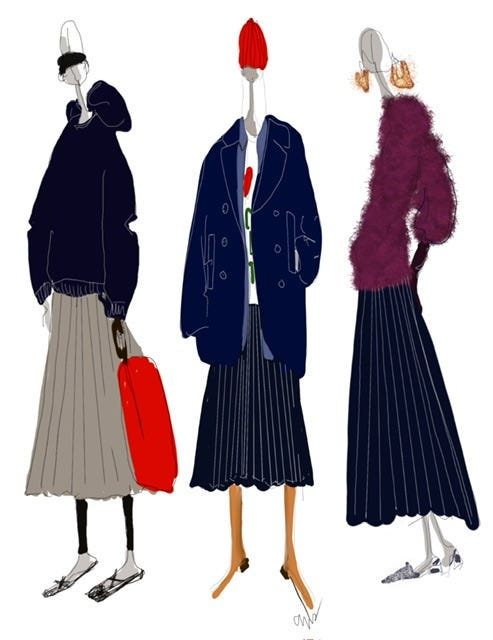 Three fashion illustrations featuring stylish outfits and accessories.
