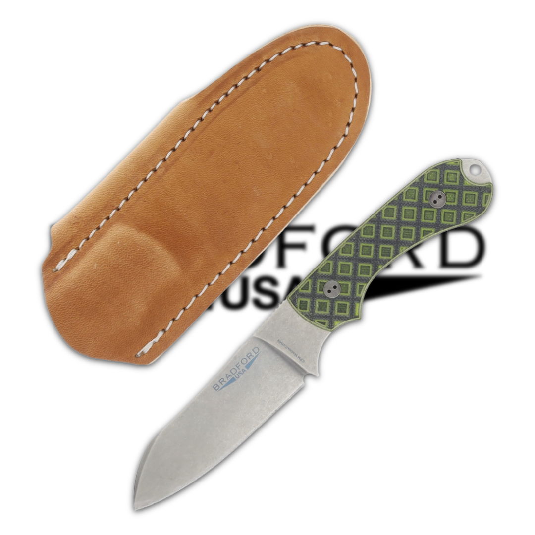 A knife with a green handle and a leather sheath.