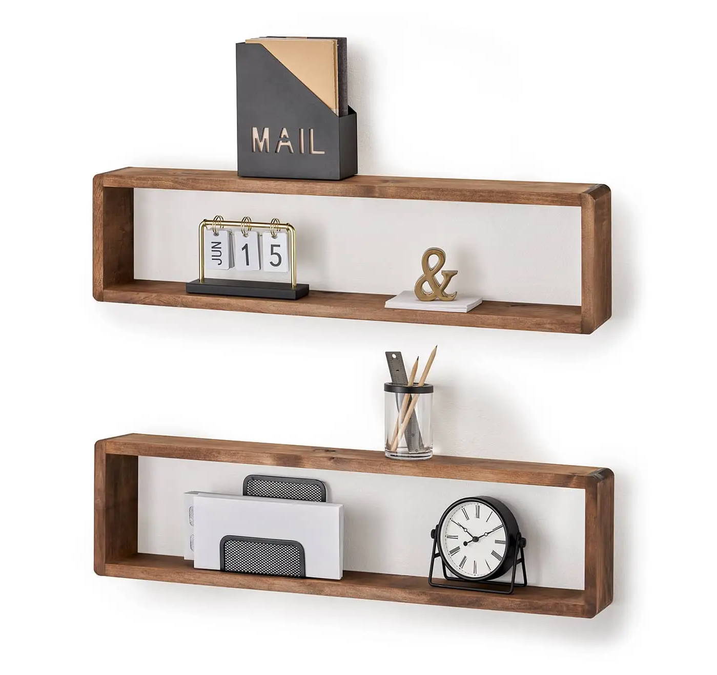 rectangle box wall shelves with office trinkets