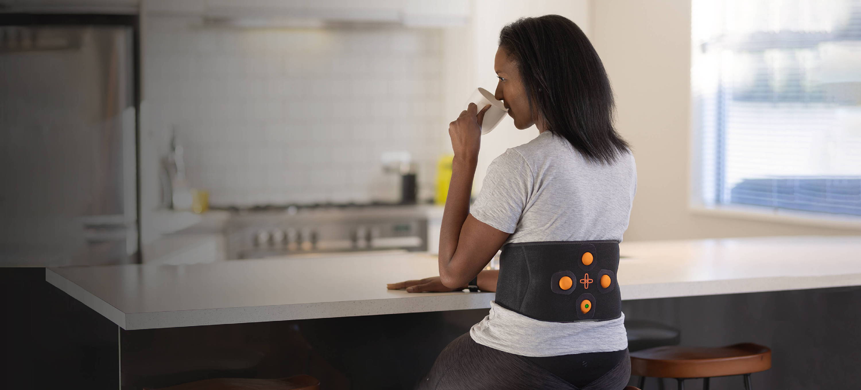 Myovolt vibration therapy back brace for lower back pain relief and treatment of back muscle strain, stiffness or overuse injury from sport or occupation.