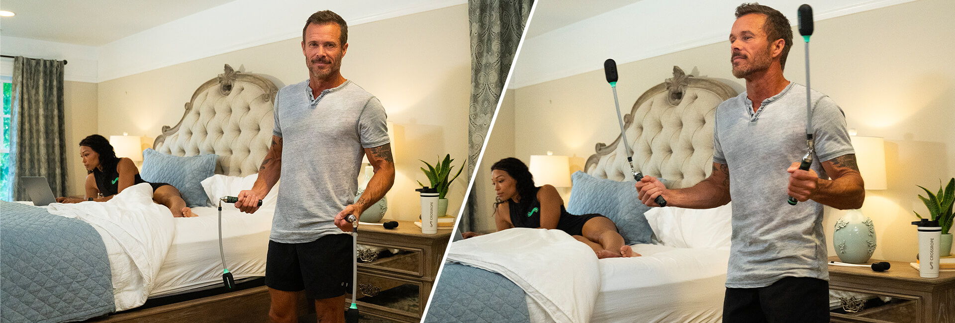 Man jumping rope with Crossrope Ropeless in a bedroom while a woman lies on the bed.