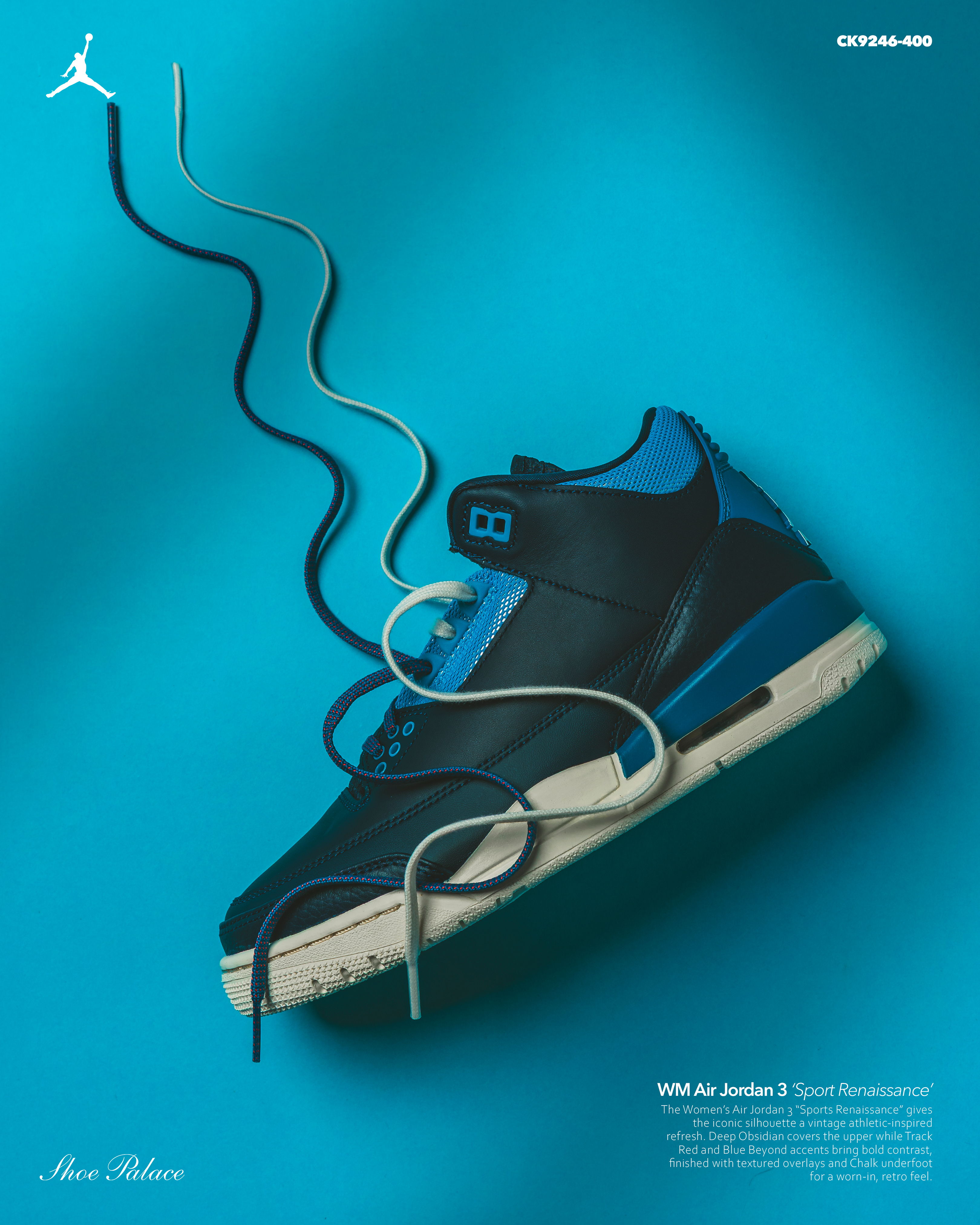 Air Jordan 3 sneaker on a blue background with laces.