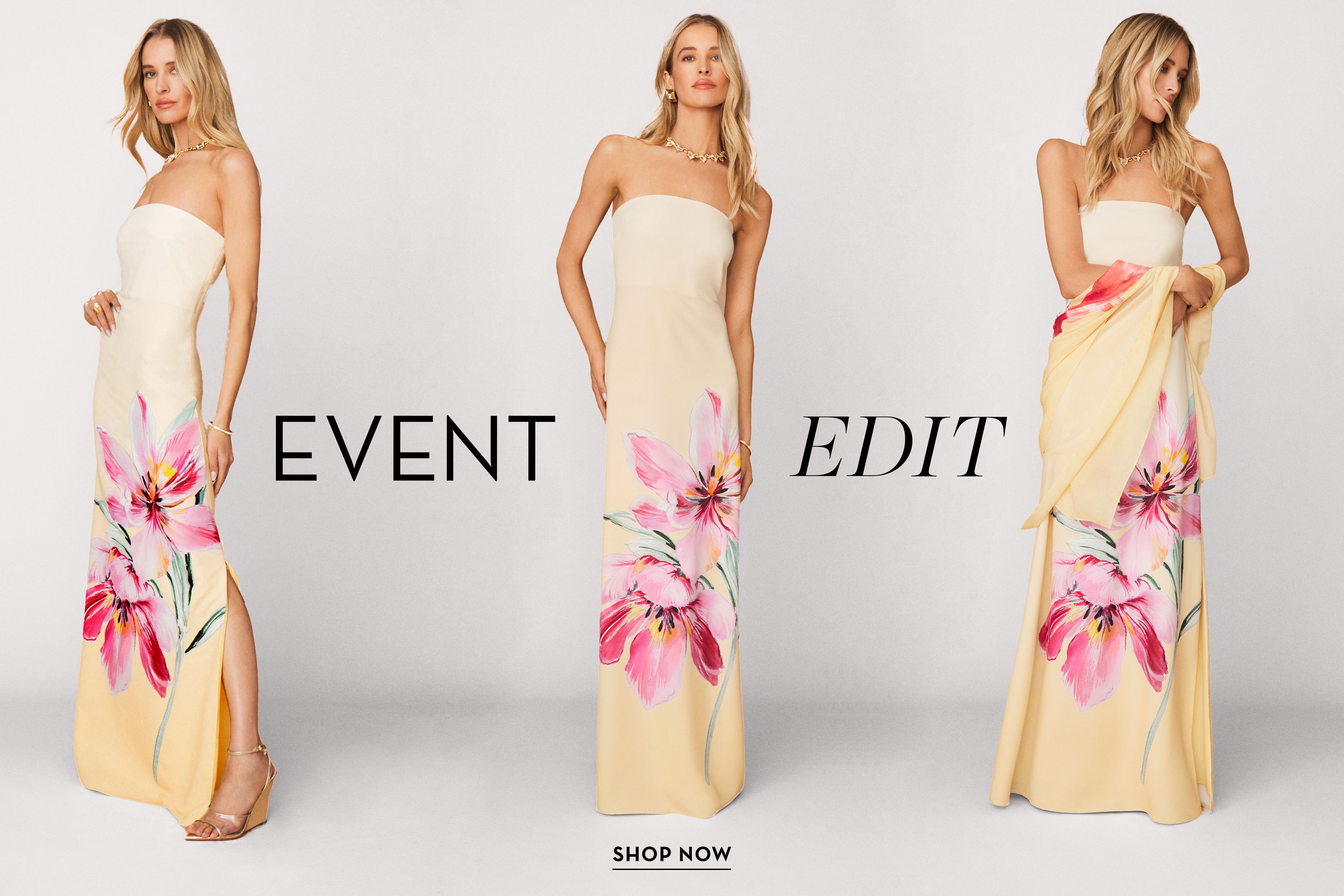 Model in a floral dress with the words 