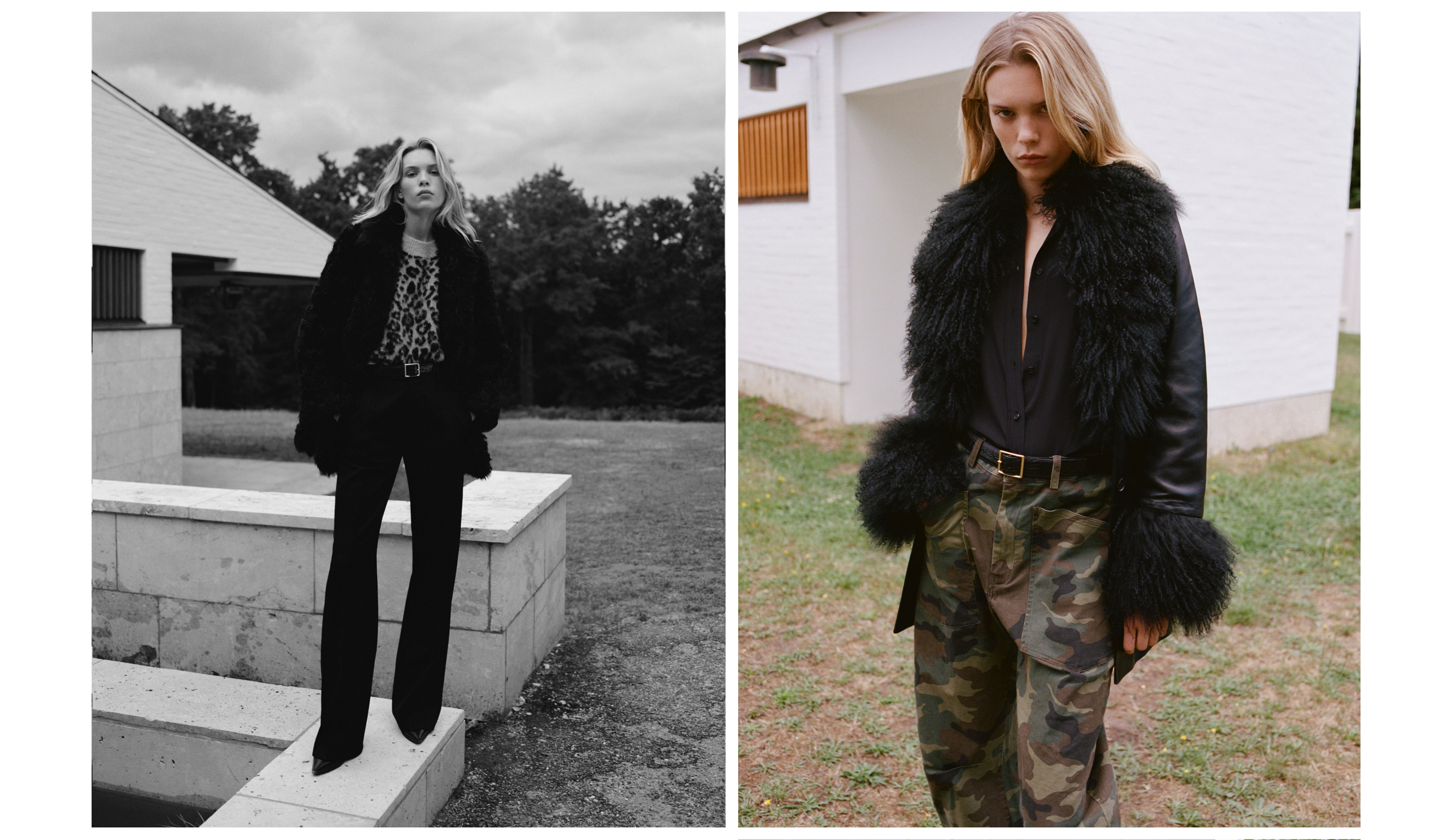 Two models wearing stylish outerwear in contrasting settings.
