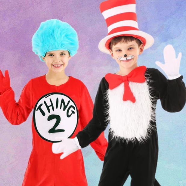 A purple background with two Dr. Seuss Costumes. A Thing 2 and Cat in the Hat. Click to shop all Dr. Seuss Book Week Costumes.