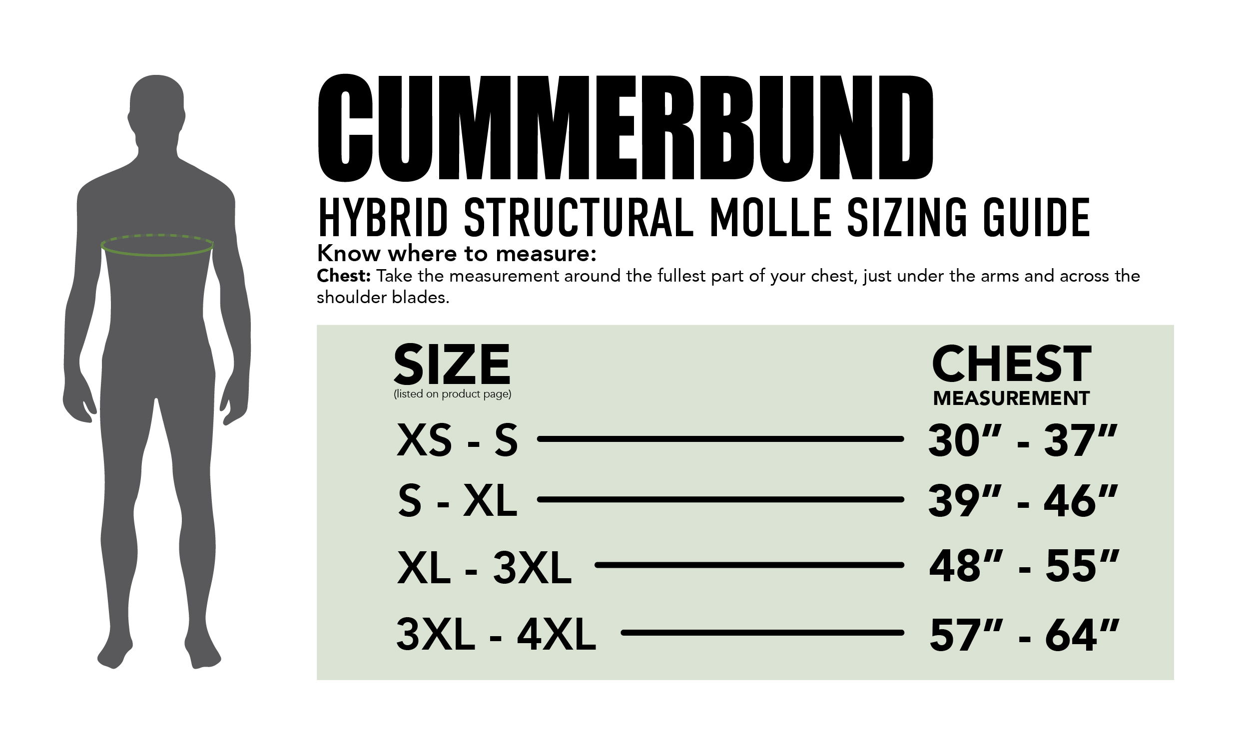 Cummerbund hybrid structural MOLLE sizing guide with size and chest measurements.