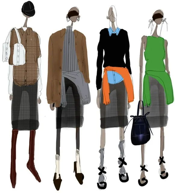 Fashion illustration featuring four stylized mannequins in various outfits.