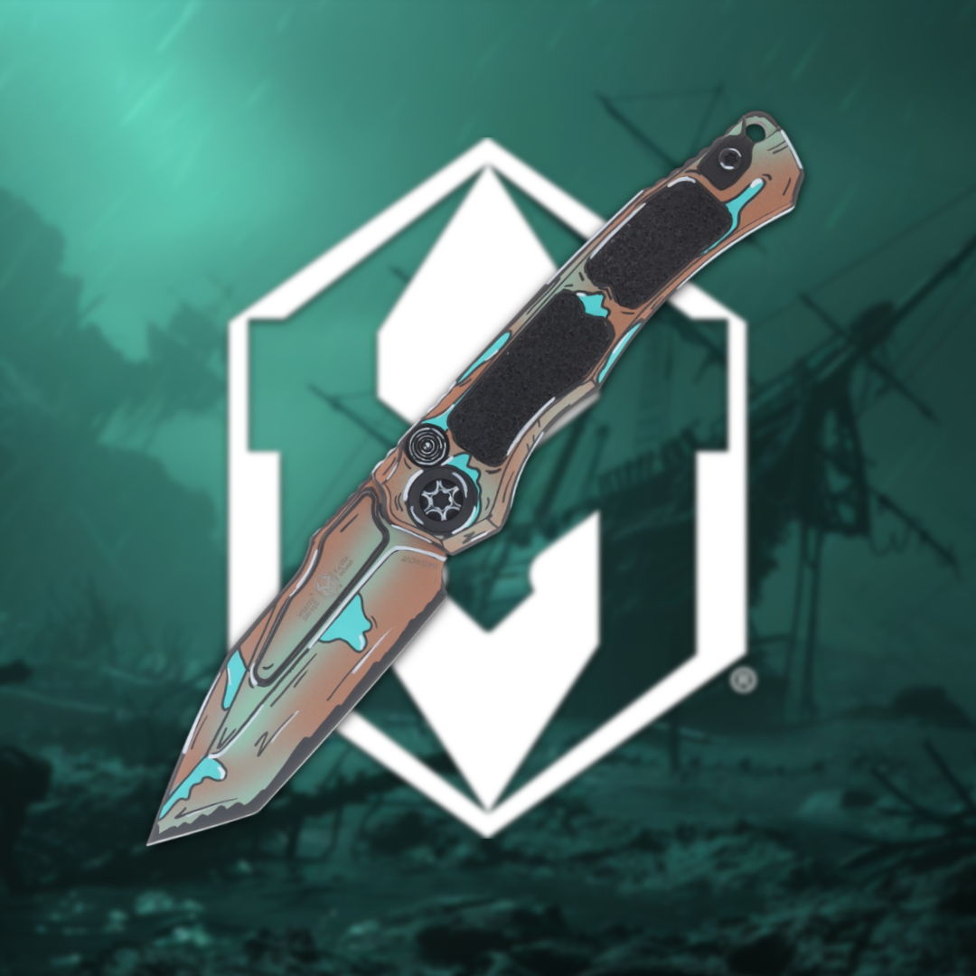 A stylized knife over a logo with a teal background.