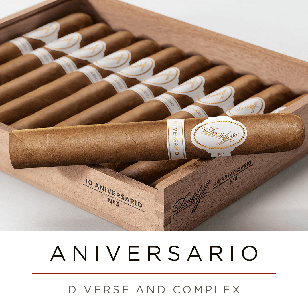Opened wooden box of Davidoff Aniversario No. 3 cigars. 