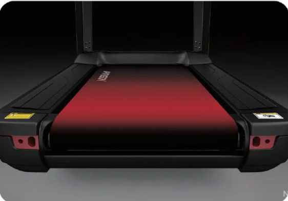Treadmill with a red running surface and black frame.