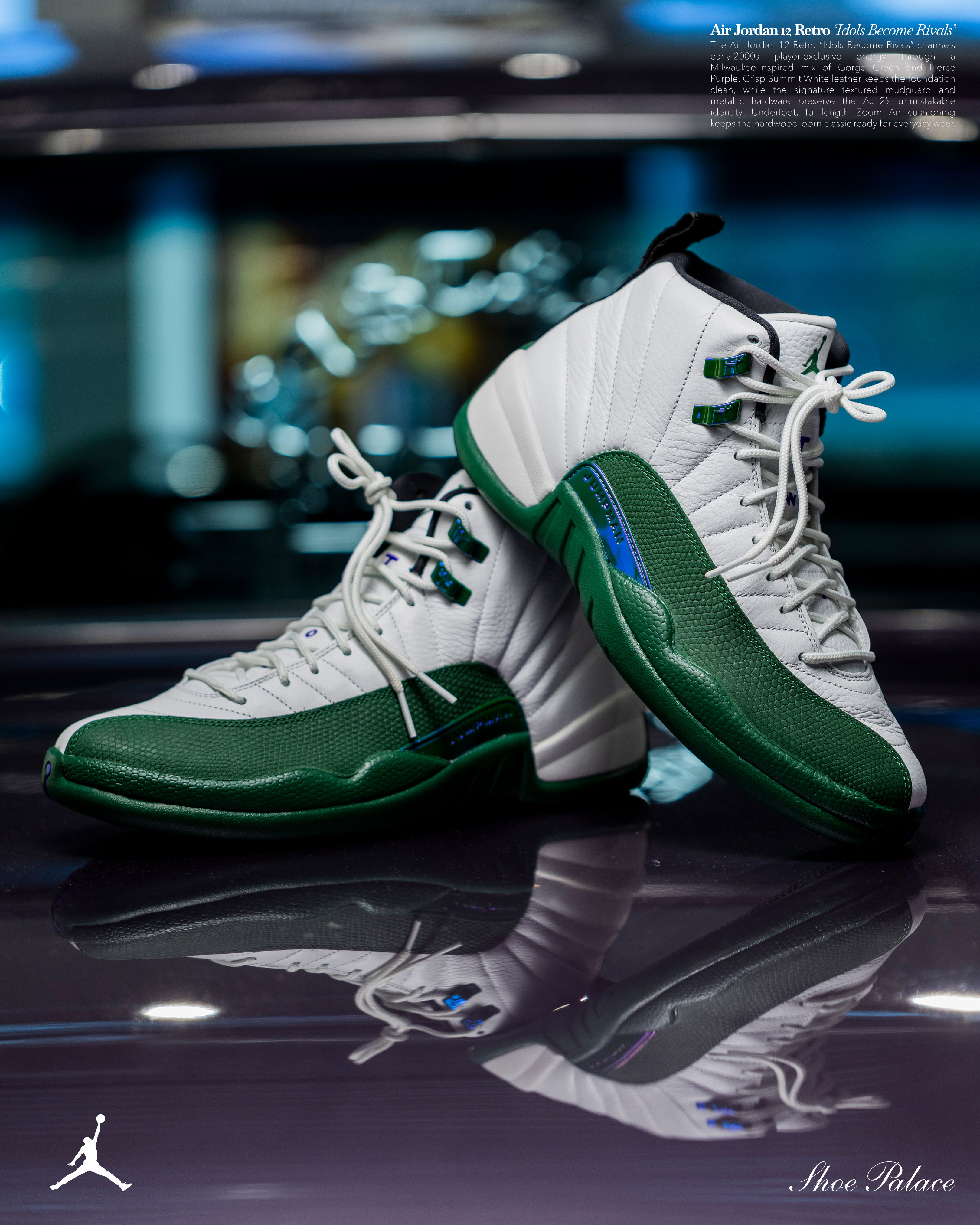 A pair of green and white basketball shoes on a reflective surface.