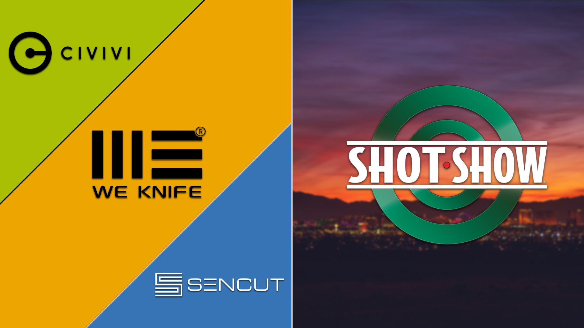 Logos of Civivi, WE Knife, Sencut, and Shot Show event.