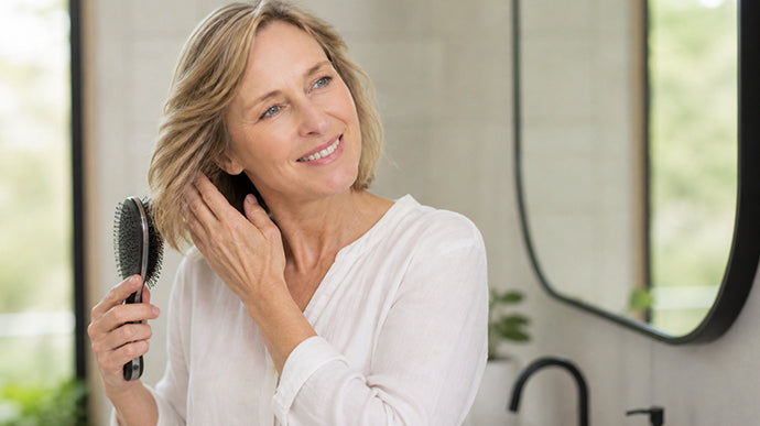 Woman brushing hair struggling with hair thinning