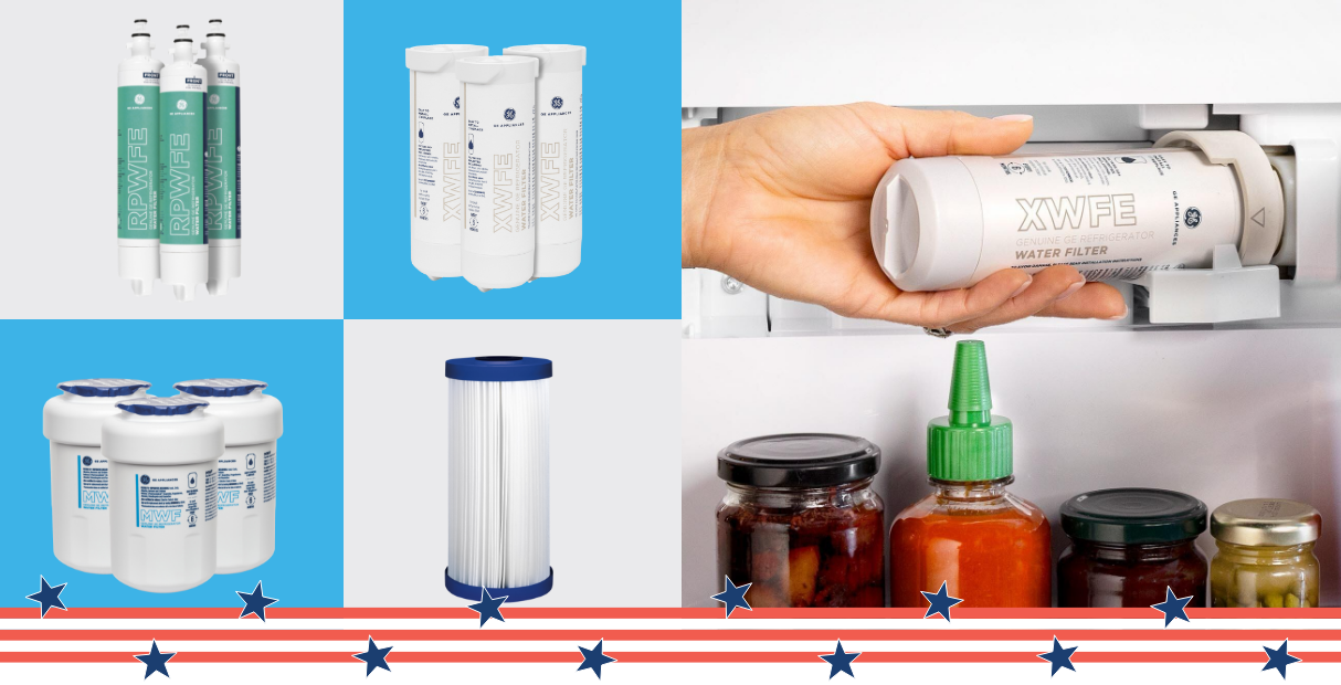 Various water filter cartridges and a hand installing one.