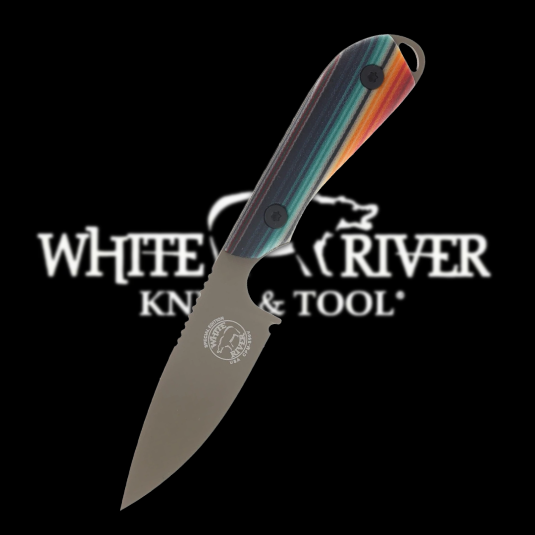 A colorful folding knife with a logo in the background.